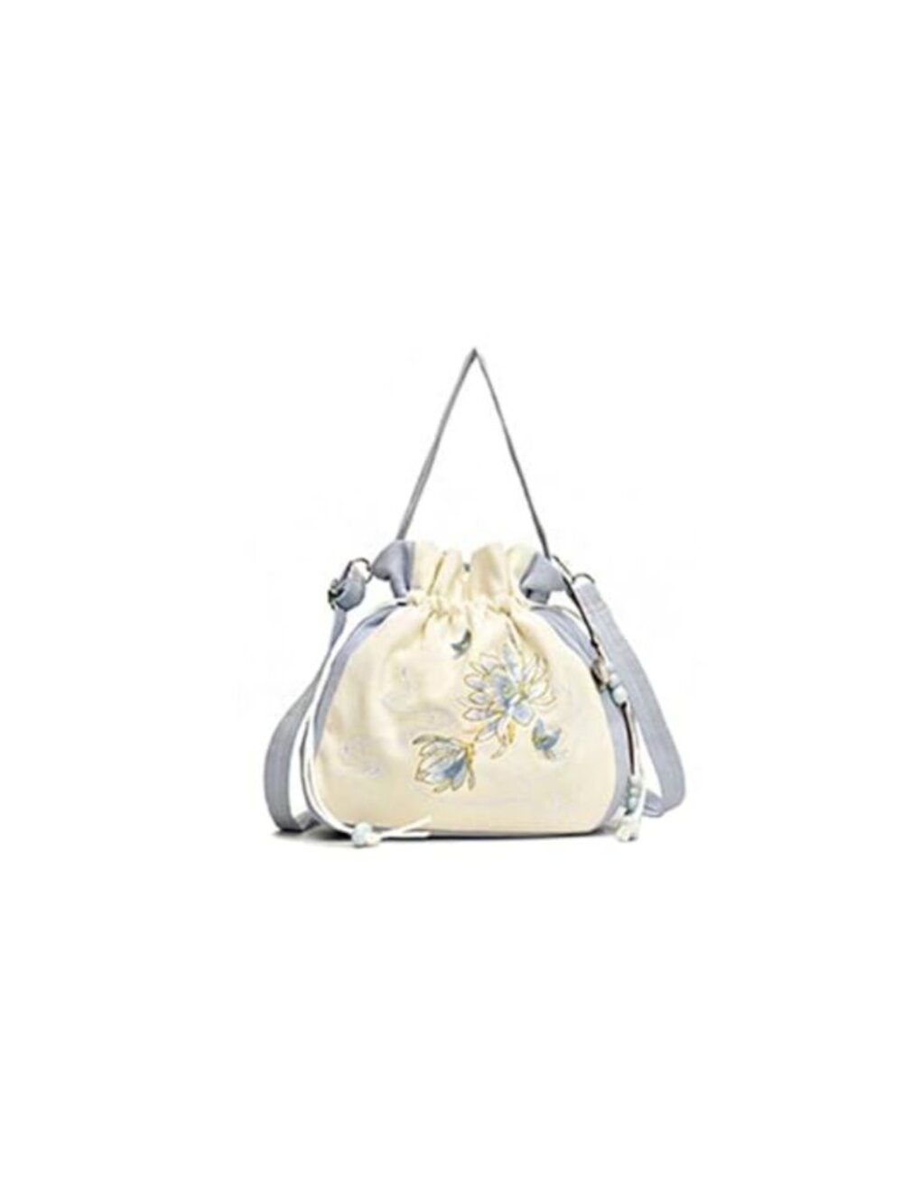 Embroidered Drawstring Handbag Cotton Linen Wristlet Crossbody